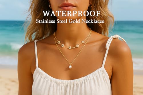 Pearl Necklaces for Women, Gold Pearl Choker Dainty Single Pearl Necklace Layered Daisy Necklace Set Pendant Strands for Bride Bridesmaids, Homecoming Costume Prom Jewelry Wedding Gifts