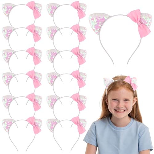 Chanaco 12Pcs Cat Ears Headbands Pink Bow Kitty Birthday Party Decorations Sequin Hair Accessories Cute White Headpieces Birthday Favors Halloween Costume Kawaii Gifts