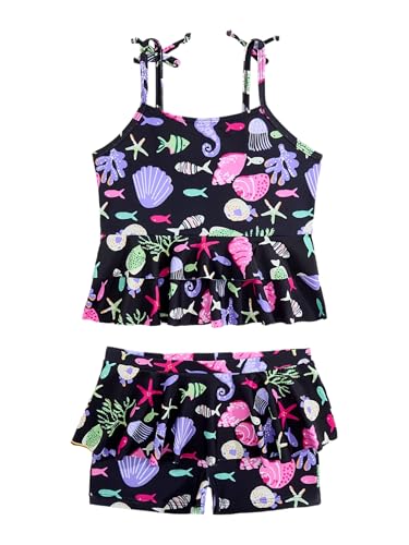 Kids Girls 2-Piece Summer Beach Bathing Suit Tankini Swim Tops with Peplum Shorts Sun Protection Swimsuit