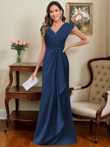 Cap Sleeves Mother of The Groom Dresses with Pockets A Line Chiffon Peacock Floor Length Lace Applique Mother of The Bride Dresses for Wedding Size 144