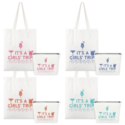 8 Pcs Women's Trip Gifts Favors: 2 Sizes Weekend Tote Bag, Beach Bag, Makeup Bag - Pink, Blue, Green, Orange - Reusable, Water Resistant