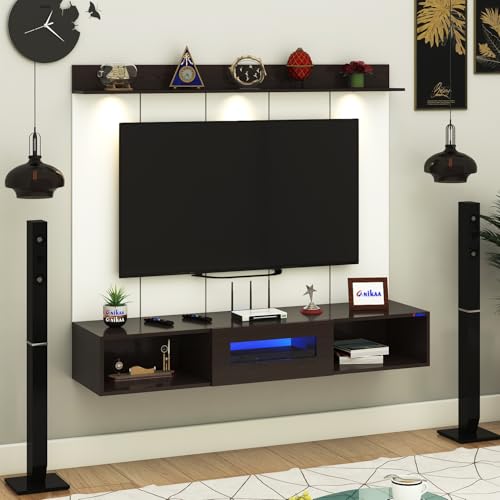 Image of Anikaa Novus PVC Back Panel Wall Mounted TV Unit with Spot & Blue Ambient LED Light - Acrylic Storage Box, Display Shelf & Soft-Close Hinges | Ideal for UP to 50 Inch TV (Wenge - DIY Installation)