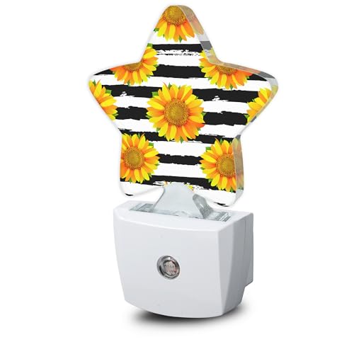 Image of Sunflowers Plug-in Night Light Black White Grid with Dusk-to-Dawn Sensor for Bedroom,Bathroom and Living Room Sleep Friendly lamp for Women /Girls /Boys Gift,0.5W