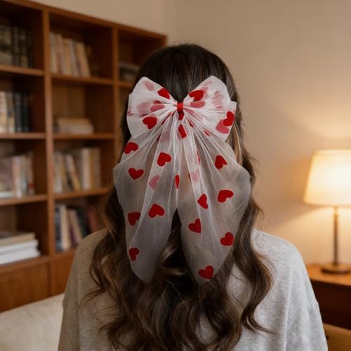 Lazos de cabello Valentine rojo con clip grande con largas colas, malla blanca y corazón rojo, listón de cabello en forma de corazón para mujeres y niñas miniatura 2