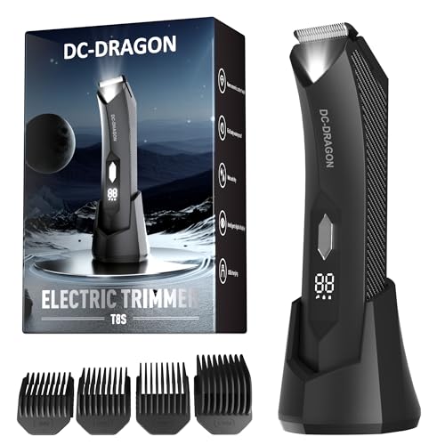 DC-Dragon Body Hair Trimmer for Men, Waterproof Groin & Manscaping Groomer, Cordless Beard & Body Trimmer with LED Light, 120-Min Runtime, 4 Guide Combs, Black
