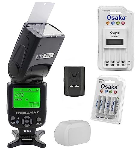 Osaka TT990RFSK-OS Camera Flash Speedlight with Inbuilt Radio Trigger and Transmitter with NI-MH HR06 4xAA 3000mAh Battery Set & Ultra Fast Charger OSK-C903W LCD Charger