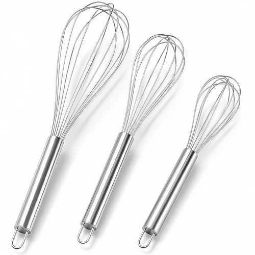 Juego de 3 batidores de metal (20 cm, 25 cm, 30 cm), mini batidor manual para batir huevos, cocinar, mezclar, mezclar y batir