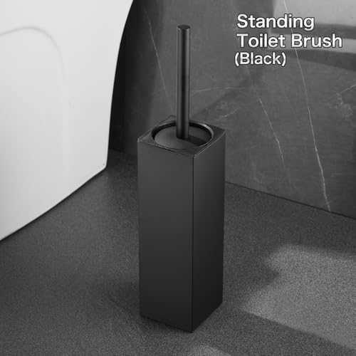 Image of Standing Toilet Brush and Holder Set with Square Base - Toilet Bowl Cleaner and Drip Tray, Black