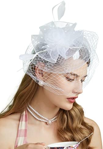 Fascinators Hats 20s 50s Hat Pillbox Hat Cocktail Tea Party Headwear with Veil for Girls and Women(D-White)
