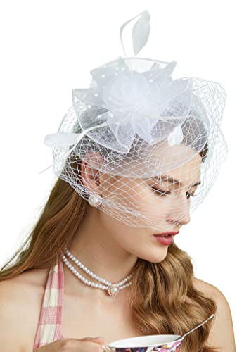 Cizoe Fascinators Hats 20s 50s Hat Pillbox Hat Cocktail Tea Party Headwear with Veil for Girls and Women(D-white)