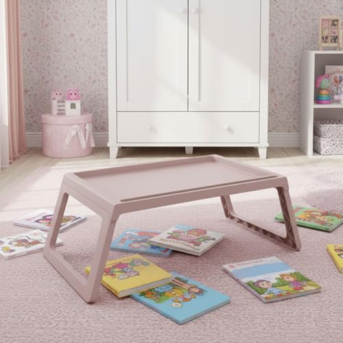 Katlanabilir Yatak Üstü Laptop Sehpası ve Kahvaltı Masası - Tablet ve Telefon Standlı Çok Amaçlı Portatif Çalışma Sehpası (56x36x26 cm) (Pudra)