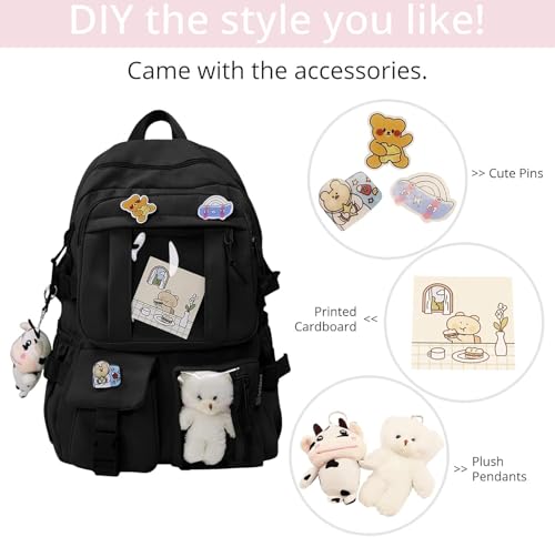 Oxford Cloth Harajuku Style Fresh Sweet Kawaii Campus Backpack Comes with Accessories Campus Travel Backpack with Pins, Black3