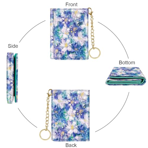 Image of Trifold Womens Wallet Small Slim RFID Blocking Card Wallet Cute Credit Card Holder Leather Mini Purse with Cash Pocket 7 Card Slots ID Window, Blue Flowers