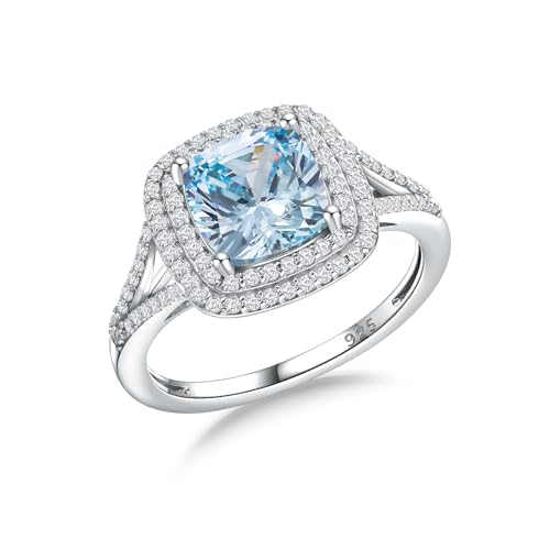 925 Sterling Silver Aquamarine Ring for Women March Birthtone Ring 3 Carat Blue Stone Cushion Cut Engagement Ring Size 10.5