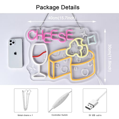 Image of Cheese Neon Sign, Neon Lights Hanging Wall Art Decoration for Store Retail Shop Market Mall Grocery Bakeries Cafe Celebration Home Decor, USB Powered Ultra Bright Dimmable, 15.75x11.8inches