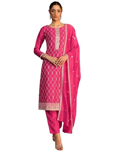 Kurta droite en soie Libas avec palazzo et dupatta brodé pour femme