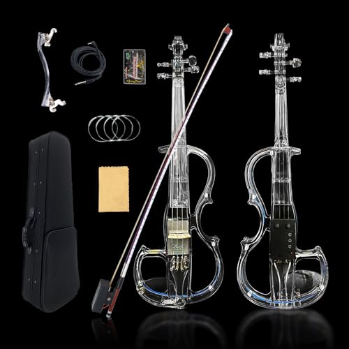 WUQIMUSC - Violino elettrico di dimensioni 4/4, corpo in vetro acrilico trasparente, 3 colori, luce LED, bel tono con custodia, fiocco, elv-led