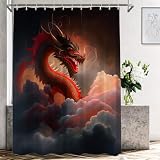 Picture of Shrahala China Animal Dragon Decorative Shower Curtain, Soaring Clouds Fog Shocking School Bathroom Décor Polyester Fiber Waterproof with Plastic Rings for Shower Stall Bathtubs 72 x 72 in