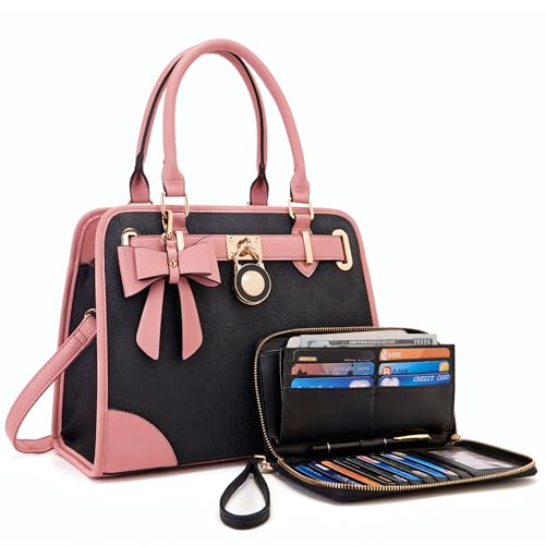 Qiyuer Medium Handbags For Women Vegan Leather Purses Set Satchel Tote Bags With Matching Wallet 2pcs BlackPink