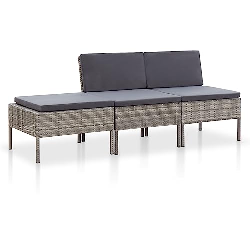 vidaXL Salon de Jardin avec Coussins 3 pcs Mobilier de Jardin Meubles d'Extérieur Mobilier de Patio Terrasse Arrière-Cour Résine Tressée Gris