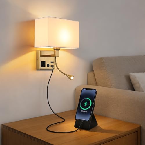 Image of Wall Lamp for Bedroom Living Room Office Hotel, Plug in Wall Sconce with AC Outlet & USB Charging Port, Wall Mount Reading Light 360Adjustable, Gold Headboard Lamp With 3 Color Temperature