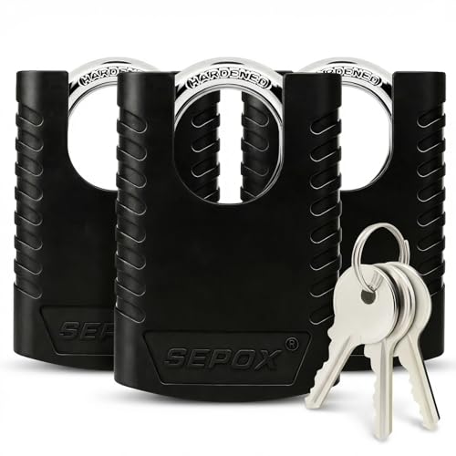 Image of SEPOX Heavy Duty Outdoor Padlock with 2 Keys - 3-3 /16 inch (80mm) Weatherproof Rustproof Lock for Gate, Fence, Shed, Toolbox - Black 3PCS