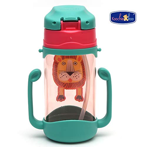 Image of Koochie-Koo Plastic One Touch Open Cute Lion Printed Handy Transparent Sippy Cup Bottle with Handle, Straw and Strap for Kids, Water Bottles for Toddler Boys & Girls (Green, 450 ml)
