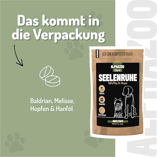 alphazoo Seelenruhe Tabletten für Hunde 180g - Ergänzungsfuttermittel mit Baldrian Melisse Hopfen - mit Hanföl & Taigawurzel - ohne künstliche Zusätze - für Gewitter Silvester Autofahrt