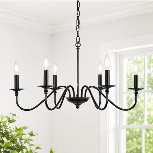 Image of Phaosio Black Chandelier, 6-Light Farmhouse Candle Chandelier 29'', Rustic Industrial Hanging Light Fixture for Dining Room, Kitchen Island, Living Room, Entryway, Bedroom, Foyer