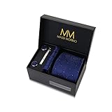Massi Morino Krawatte Dunkelblau Quadrat mit Einstecktuch Set Herren inkl. Manschettenknöpfe, Krawattennadel und Geschenkbox I Männer Krawatten-Set zur Hochzeit