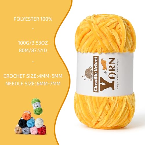 Image of 3 Pack Plush Chenille Chunky Yarn - Fluffy Velvet Yarn Crochet for Blanket Knitting and Crocheting - Soft Baby Yarns for Crocheting - Amigurumi Crochet Yarns 100g (87yds) (3 Golden Yellow)