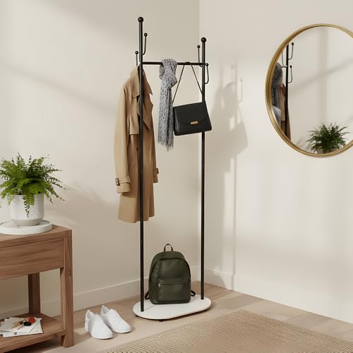Warmiehomy Coat Rack with 4 Hooks for Hanging Freestanding Coat Stand with Granite Slab Base,Metal Hanger Hat Stand,Clothes Organiser for Clothes,Hat, Bag,Entrance Porch,Hallway(45X28X170.5CM,Black)