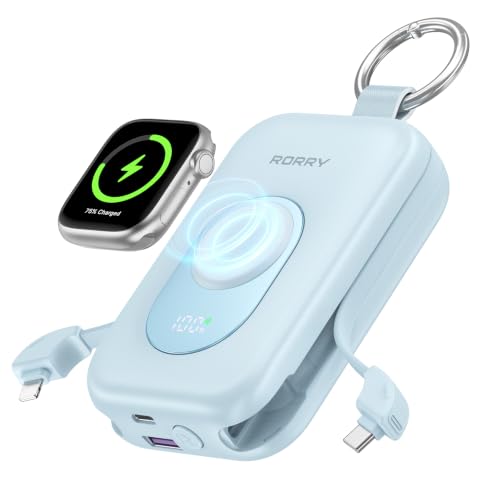 Image of RORRY CharmGo Portable Charger, 20000mAh PD 30W Portable Charger Power Bank with 2 Built-in Cables, Fast Charging Battery Pack with Keychain, Travel Essentials for iPhone, Apple Watch, iPad, Sky Blue