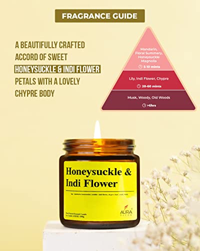 Image of AuraDecor Scented Jar Candle | Handpoured Soy Wax Candle with Long Lasting Burn Time | Premium Amber Jar Aromatherapy Candle | Ideal Gift for Home & Decor (Large, Honeysuckle & Indi Flower)