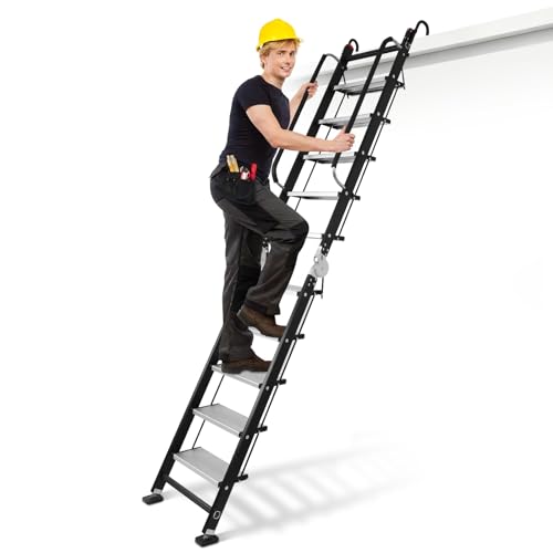 Hubxinly Foldable Aluminum Loft Stairs Ladders 10 Step Folding Bunk Bed Ladders 9.5ft Heavy Duty Attic Stairs with Handrails Hooks Load 330LBS for Dorm RV Home Attic Stair