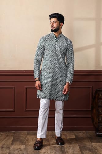 Image of ALMORA Men's Embroidered with Thread Work and Cotton Blend Only Slim Fit Kurta for Men