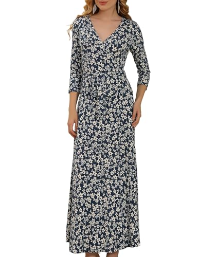 Aphratti Women's Maxi Dresses Summer 3/4 Sleeve V Neck Faux Wrap Flowy Spring Long Floral Maxi Dress