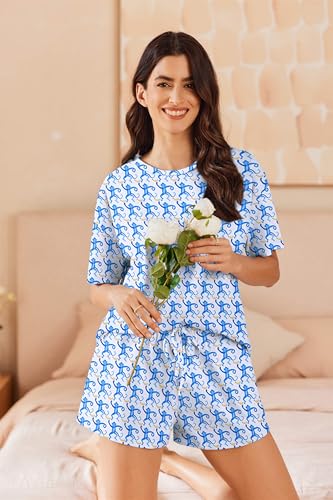 Image of Ekouaer Cotton Pajamas Set for Womens Soft Short Sleeve Lounge Set Shorts Sleepwear Set 2 Piece Pjs Sets