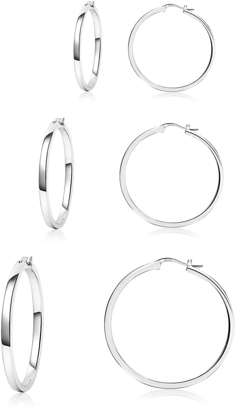 3 Pairs 925 Sterling Silver Hoop Earrings Lightweight Small Sterling Hoops Earring Hypoallergenic Silver Hoop Earring Set (20mm,30mm,40mm)