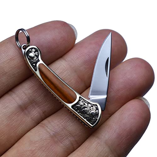 JPCRMOV Mini cuchillo plegable con anilla para llavero, peso 9 g, superligero, navaja de bolsillo, al aire libre, camping, cuchillo Edc, material hoja de acero X50CR15MoV (madera de sándalo) Cover