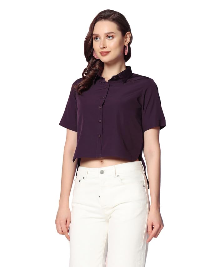 Image of Selvia Women's Regular Fit Short Sleeves Solid Crepe Crop Shirt