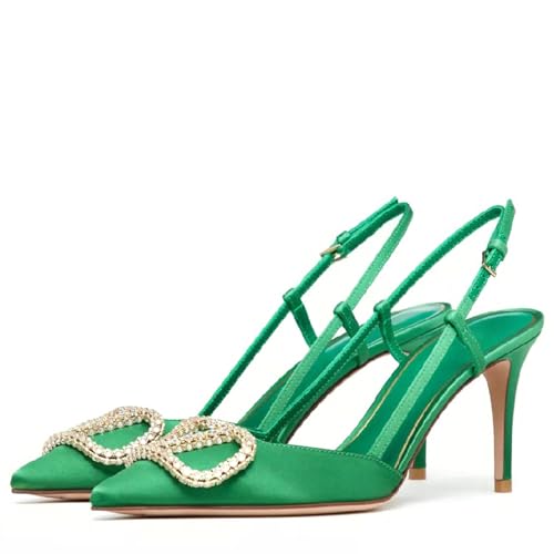 Image of BlingQueen Women Heeled Slingback Sandals Closed Pointed Toe Stiletto High Heels Patent Leather Pumps Slip-On Backless Evening Prom Party Dress Shoes
