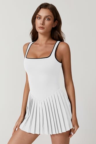 Image of QINSEN Womens Square Neck Tennis Dress Pleated Sleeveless Built in Shorts Golf Athletic Dress with Pockets