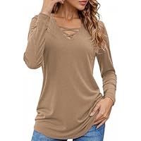 Totatuit Camiseta Mujer Elegante con Escote en V Manga Larga y Corte Suelto Top Básico y Versátil para Estilo Diario y de Oficina Marrón,XXL