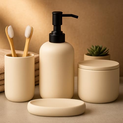 Ceramic Bathroom Accessories Set 4 Pcs – Modern Scandinavian Neutral Bathroom Soap Dispenser Set with Toothbrush Holder, Soap Dish & Cup – Minimalist Bathroom Accessory Set Decor - Cream/Light Beige - Image 6