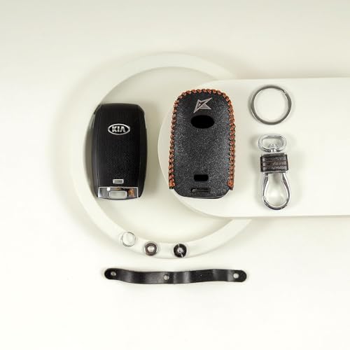 Image of Leather Smart Car Key Cover Case with Metal Hook Keychain for Kia Seltos, Sonet, Carens (Black)