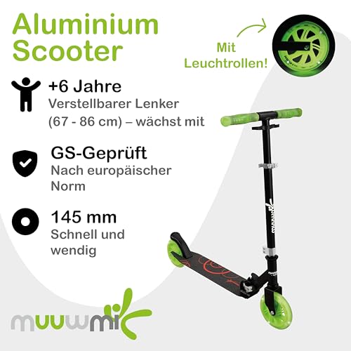 Muuwmi Lights Aluminium Scooter Glow - 145 mm R&auml;der - ABEC 7 Lager - H&ouml;henverstellbarer Lenker - Geeignet f&uuml;r Kinder - GS-Zertifiziert - Bis zu 100 kg - mit Leuchtrollen - Tretroller in gr&uuml;n-schwarz