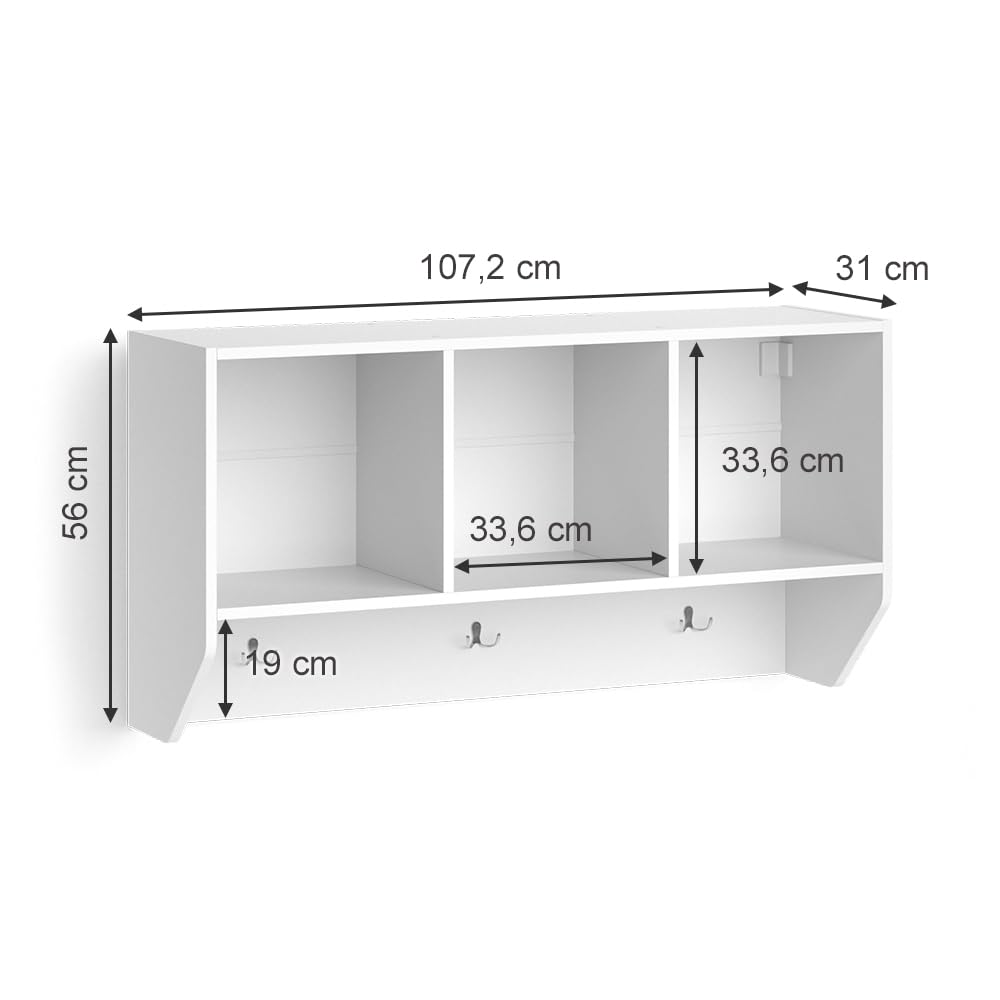 Vicco Estante de Pared para habitación Infantil Luigi, Blanco, 107.2 x 56 cm, para Montaje en Pared con estantes Abiertos y Ganchos