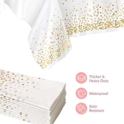 Image of Prestee 12-Pack White and Gold Tablecloth - 54x108 Inch - Disposable Table Covers for Party, Weddings, and Holidays - Waterproof Christmas Tablecloth, Stain-Resistant Plastic Table Cover Set