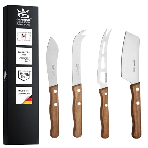 GEHRING| Solingen Käsemesser Set 4tlg. LOOK, Käseschneider mit Buchenholzgriff, für Hartkäse, Weichkäse, Streichkäse, mit Käsebeil, Besteck